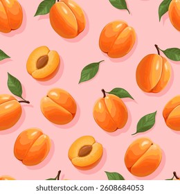 Apricot. Seamless pattern of apricots on a pink background with shadow. Whole and sliced ​​apricots. The design is great for wallpaper, fabric, labels, packaging.