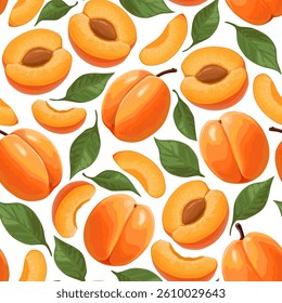 Apricot. Seamless pattern of apricots on a white background. Whole and sliced ​​apricots. The design is great for wallpaper, fabric, labels, packaging.