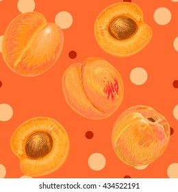 Apricot seamless pattern with apricots on the bright background. Hand drawn background. Vector illustration. Apricot.