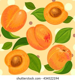 Apricot seamless pattern with apricots on the bright background. Hand drawn background. Vector illustration. Apricot.