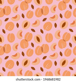 Apricot seamless pattern. Exotic tropical peaches or apricots fresh fruit on pastel background. Whole juicy peach with green leaves. Decor textile, wrapping paper wallpaper vector print or fabric