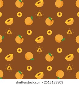 Padrão sem emenda de damasco, emblema de produto de damasco fresco de fazenda para mercearia, Slides, seções longas e transversais, e posições diferentes, ilustração vetor simples plana de legumes e frutas.
