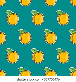 Apricot seamless pattern is formed in a flat style. Colorful wallpaper with fruits for your Projects summary. Vector illustration.