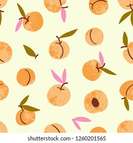 Apricot seamless pattern. Hand drawn fruit and sliced pieces. Summer tropical endless background. Vector fruit design for label, fabric, packaging.