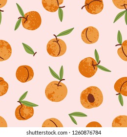 Apricot seamless pattern. Hand drawn fruit and sliced pieces. Summer tropical endless background. Vector fruit design for label, fabric, packaging.