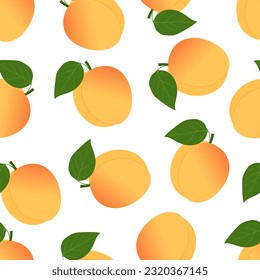 Apricot seamless pattern on white background. Endless or repeat texture with fresh summer apricot for fabric, wallpaper or wrapping paper. Vector illustration