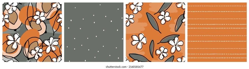 Apricot seamless pattern set. Abstract fruit, seed, flower and leaf vector textile print in terracotta, khaki green soft colors. Trendy hand drawn design for jam or juice product packaging backgroud.