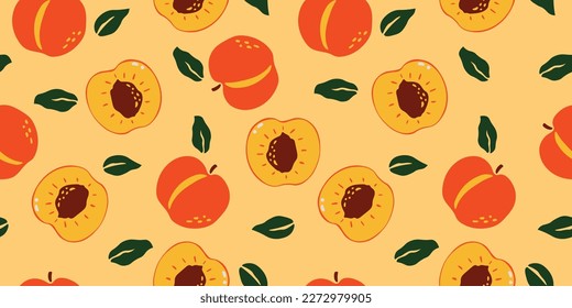 Apricot seamless pattern. Vector design of peach apricot slices with leaves for fabric, paper, cover, wallpaper, interior decor, and other use. Vector illustration