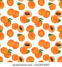 Apricot seamless pattern. Vector. Fruits whole and cut into pieces on a white background. Summer tropical endless background for label, fabric, packaging.