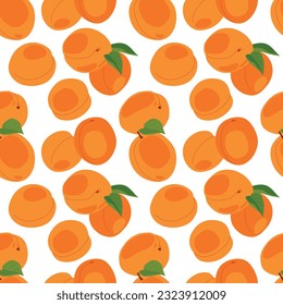 Apricot seamless pattern. Vector. Fruits whole and cut into pieces on a white background. Summer tropical endless background for label, fabric, packaging.