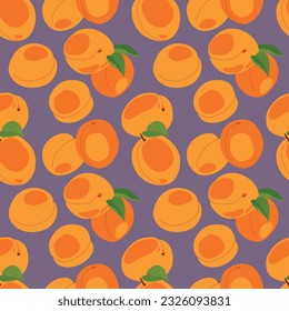Apricot seamless pattern. Vector. Fruits whole and cut into pieces on a dark background. Summer tropical endless background for label, fabric, packaging.