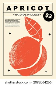 Apricot. Set of posters of fruits and vegetables in a abstract draw design. Label or poster, price tag. Simple, flat design. Patterns and backgrounds. Perfect for poster, cover, banner.