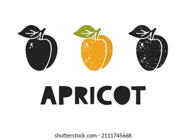 Apricot, silhouette icons set with lettering. Imitation of stamp, print with scuffs. Simple black shape and color vector illustration. Hand drawn isolated elements on white background