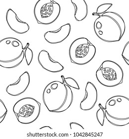 Apricot and apricot slice seamless pattern. Hand drawn vector illustration. Good for textile.