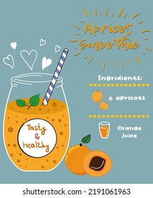 Apricot smoothie recepie on the blue background. With apricots and orange juice