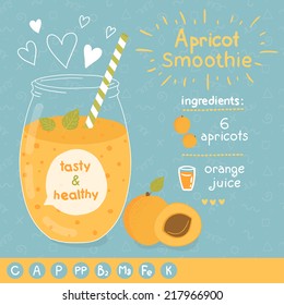 Apricot smoothie recipe. With illustration of ingredients and vitamin. Doodle style