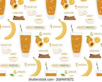 Apricot smoothie recipe seamless pattern. Glass with Apricot liquid and ingredients. Fruits, cup of yogurt, cinnamon, honey. For cafe or restaurant menu, wallpaper, textile, wrapping paper, print.