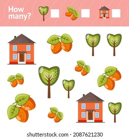 Apricot, tree, house. Counting Game for Children card. Bright vector illustration. How many