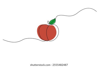 Apricot vector illustration. One line drawing art illustration with lettering organic apricot, peach. Peach fruit continuous one line drawing.Abstract drawing whole fruit with single line and color.