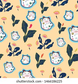 Apricot vector repeat pattern with happy maneki neko cat and pink folk art florals. Japan inspired pattern. Comic style. Perfect for paper and textile projects or events. Surface pattern design.