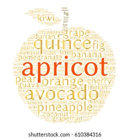 Apricot. Word cloud in shape of fruit, white background. Natural food.