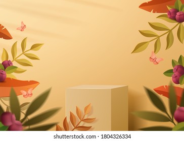 Apricot yellow color podium to display product with blueberry leaves elements in paper art style