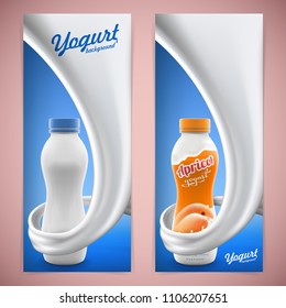 Apricot yogurt design flyer vector illustration with milk or cream swirl, commercial vector yogurt beverage mock-up 