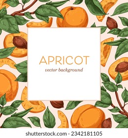 Apricots background. Exotic fresh ripe fruits and leaves frame, square-shaped card design with fruity plant. Tropical vitamin natural food, backdrop. Detailed hand-drawn vintage vector illustration
