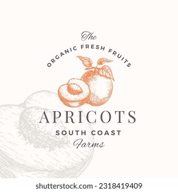 Apricots Badge Logo Template. Hand Drawn Fruit Sketch with Retro Typography. Premium Plant Based Vegan Food Emblem. Isolated