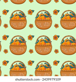 Apricots in a basket pattern, bright juicy apricot, apricot blossoms, vector illustration
