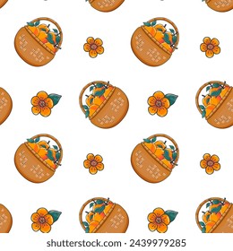 Apricots in a basket pattern, bright juicy apricot, apricot blossoms, vector illustration
