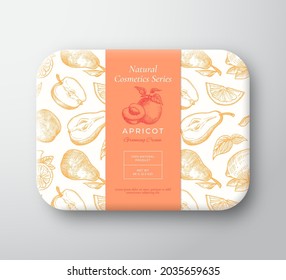 Apricots Bath Cosmetics Package Box. Abstract Vector Wrapped Paper Container with Label Cover. Packaging Design. Modern Typography and Hand Drawn Fruits Background Pattern Layout. Isolated.