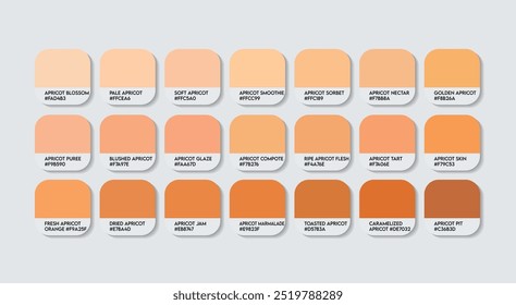 Paleta de cores de damascos, paleta de guia de cores de damascos com nomes de cores. Catálogo Amostras de Laranja com códigos RGB HEX. plástico, tinta, variações de laranja natural marrom, Moda Tendência Damascos cor sombra