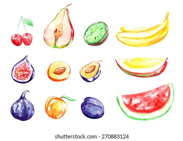 Apricots, figs, kiwi, cherry, pear, mango, watermelon, banana and plums painted  watercolors.  Vector. 