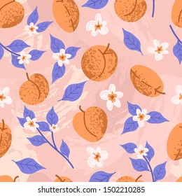 Apricots and flowers on a pink background. Seamless pattern