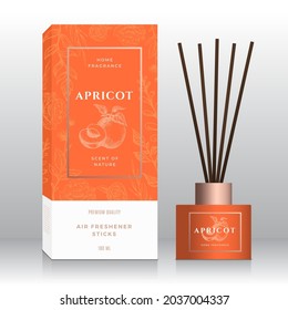 Apricots Home Fragrance Sticks Abstract Vector Label Box Template. Hand Drawn Sketch Flowers, Leaves Background. Retro Typography. Room Perfume Packaging Design Layout. Realistic Mockup. Isolated.