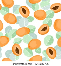 Apricots and leaves. Fruit seamless vector pattern on a white background.