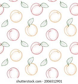 Apricots, or Peaches, isolated on a white background. Seamless vector pattern.