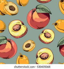 Apricots and peaches seamless pattern. Vector illustration on green background