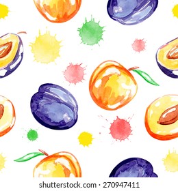 Apricots and plums painted watercolors.  Vector seamless pattern. Fruits.