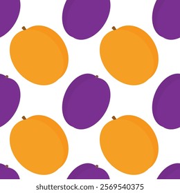 Apricots and plums Seamless pattern in trendy orange and purple. Summer fruits Background concept