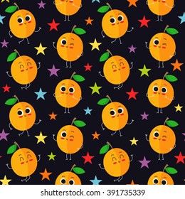 Apricots, vector seamless pattern with cute fruit characters on dark background with colorful stars