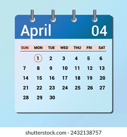 1 de abril. Calendario de icono plano aislado sobre fondo azul. Ilustración vectorial de fecha y mes