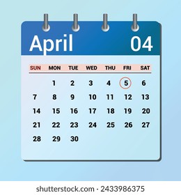 April 05. Flat icon calendar isolated on blue background. Date and month vector illustration