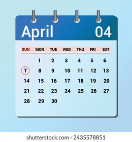 April 07. Flat icon calendar isolated on blue background. Date and month vector illustration