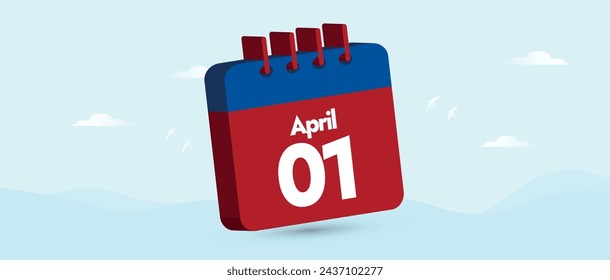 April 1. April 01 on red calendar with cyan background. 1st April icon. Isolated Calendar icon for April fool. 