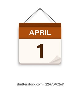 1 de abril, icono del calendario con sombra. Día, mes. Hora de cita de la reunión. Fecha de programación del evento. Ilustración vectorial plana. 