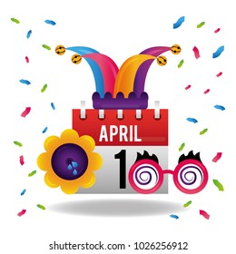 april 1 calendar jester hat glasses and flower confetti celebration