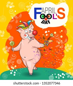 April 1 is April Fool's Day. Clown pig, circus elements. Greeting card is suitable for birthday, humorous party.