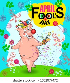 April 1 is April Fool's day. Clown pig, circus elements. Greeting card is suitable for birthday, humorous party.